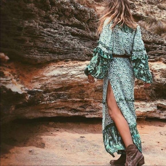 Boho Floral Teal Maxi Gypsy Long Sleeve Dress - Picture 5 of 7